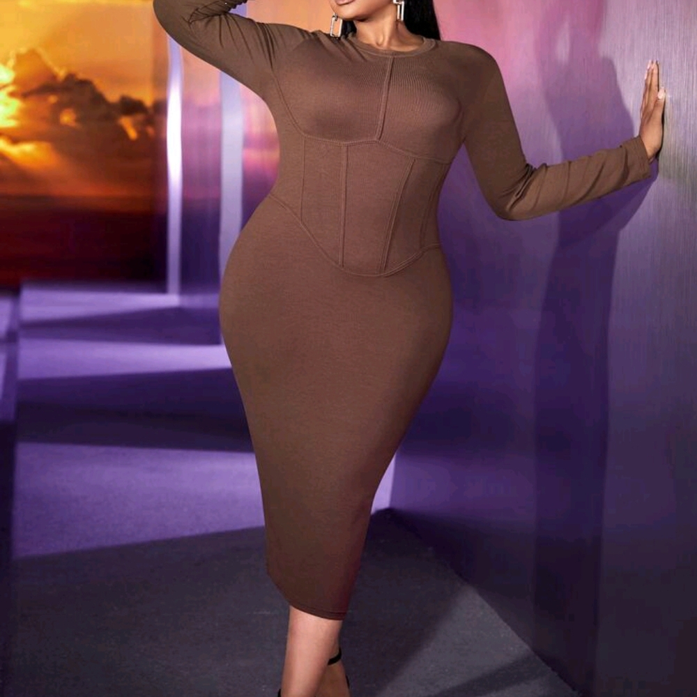 Brown Long Sleeve Bodycon Dress for Night Out